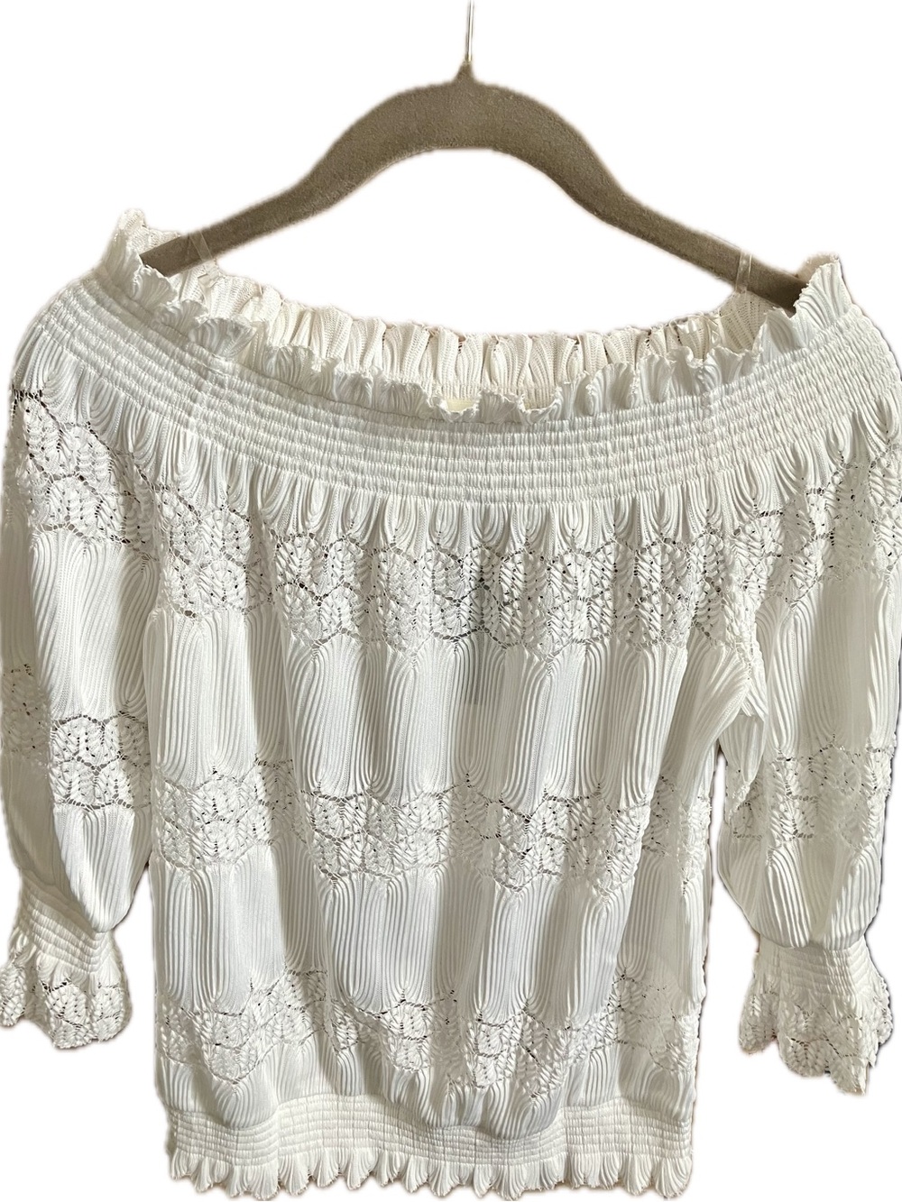 Deletta White Off-the-Shoulder Smocked Lace Blouse